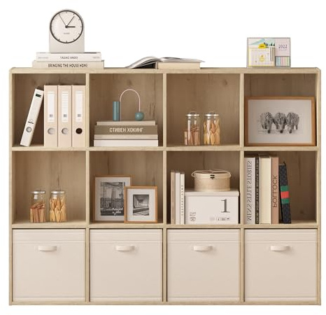 Jpiziso Cube Storage Organizer Bookshelf,Closed Back Display Bookcase,Cubby Shelf for Home Office,Living Room,Kids Room, Large Capacity Cube Storage Unit,12-Cube 47.72L x 9.45W x 35.98H,White Oak