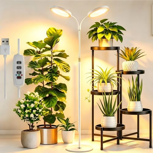 2 Heads Grow Lights for Indoor Plants, 144-Full Spectrum LED Grow Light with Stand, 10 Brightness & Timer 3/9/12H Grow Lamp, 3 Color Modes, 55''~66'' Adjustable Height for Large Plant [Energy Class D]