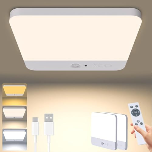 GCCATE Rechargeable LED Ceiling Light Motion Sensor, Size 7.3, White, 2PCS | 6000mAh Battery Operated, Remote, Magnetic, Wireless, 3 Color Temperatures, for Shed, Loft, Hallway, Porch, Stairs, Garage