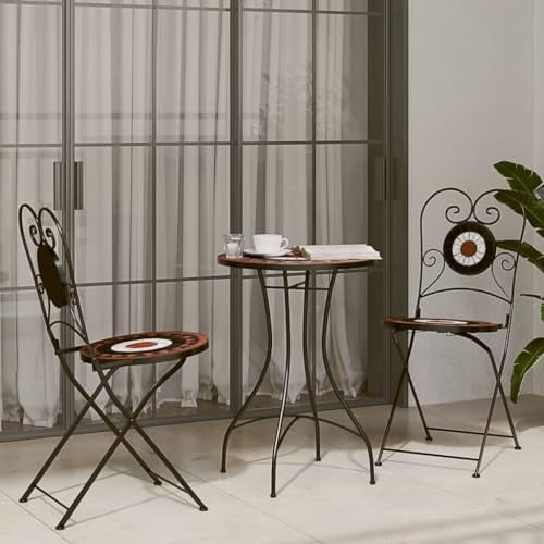 LoogCape Mosaik Bistro-Set Terrakottarot und Weiß, Eisen und Keramik, klappbare Stühle, wetterfestes Gartenmöbel-Set für Balkon, Terrasse, Outdoor-Sitzgelegenheiten