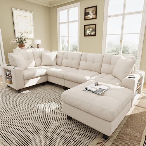Sapgaks Canapé d'angle Convertible 6 Places avec USB,canapé Convertible 6 Places,canapé 6 Places,en Chenille,avec accoudoirs bibliothèque,Pouf Amovible pour configurations en L et en U,Beige
