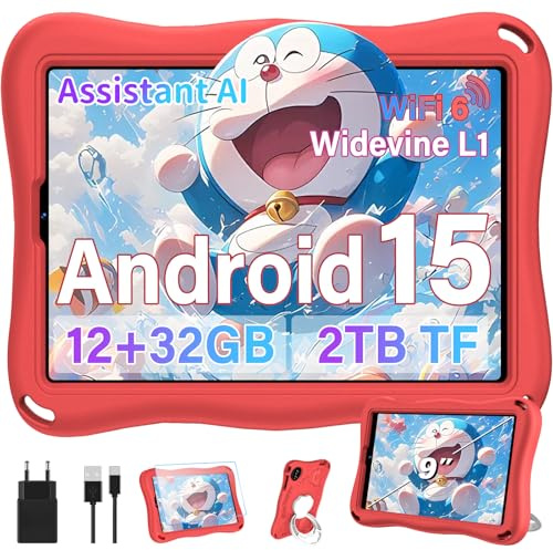 SUAAT Tableta para niños de 9 Pulgadas con Android 15, 32 GB ROM + 1 TB TF, WiFi 5G, Octa-Core, Pantalla HD1340 * 800,Widevine L1, Control Parental, 5000 mAh, Tablet Compatible con BT 5.0, Eva - Red