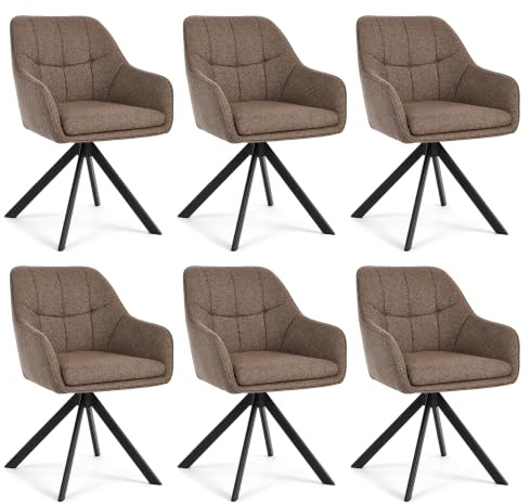 Goeurvant Esszimmerstühle drehbar 6er Set mit Armlehnen, 360° drehbar Polsterstuhl Küchenstuhl aus Webstoff Armlehnstühle für Esszimmer, Küche und Wohnzimmer, Braun