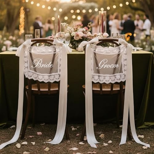 Kireida Wedding Signs Bride Groom Stuhldeko Hochzeit Set 1 Paar Mit Satin Bändern Tüll Weiß Stuhlhussen Spitze Stuhldekoration Braut Bräutigam Chair Banner Foto Requisite