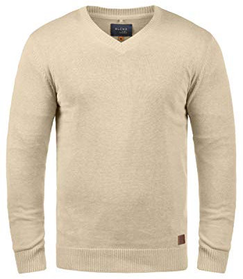 BLEND BHLasse Homme Pull en Maille Fine Pull avec col en V Mélange de Coton Regular Fit, Taille:XL, Couleur:Sand Mix (70810)