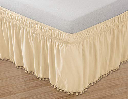Elegant Comfort Top-Knot Jupe de lit élastique à Franges à Pompons, Infroissable, Hauteur de 40,6 cm, pour lit Queen/King, Beige
