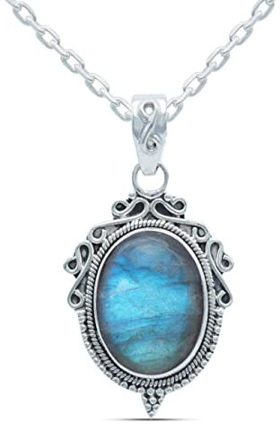 echt Silberkette mit Labradorit Edelstein Damen Kettenanhänger 925 Sterlingsilber Halskette Geschenk (AK1-124-05-50)