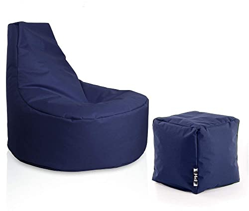 PATCH HOME Gamer Sessel Sitzsack inkl. Würfel Bean Bag Set Ø80cm, 30cm Sitzhöhe, 90cm Höhe + 35x35cm Würfel Marine