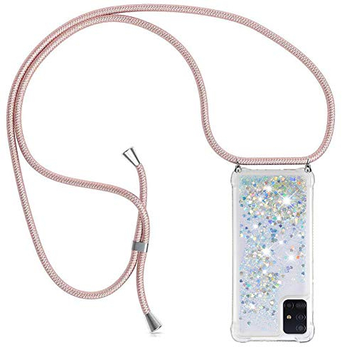 YuhooTech Handykette Hülle Kompatibel mit Samsung Galaxy A51 - Quicksand Glitzer Hülle mit Band - Silikon Handyhülle mit Kordel Umhängenband - Schnur mit Treibsand Case zum Umhängen