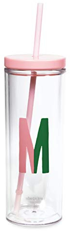 Kate Spade New York Insulated Initial Tumbler with Reusable Silicone Straw, 20 Ounce Acrylic Travel Cup with Lid, M (pink)