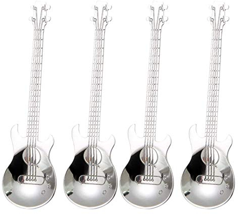Pceewtyt Gitarre Kaffee Tee Loeffel, 4 Stueck Edelstahl Musikalische Kaffee Loeffel Tee Loeffel Ruehrloeffel Zucker Loeffel (Silber)