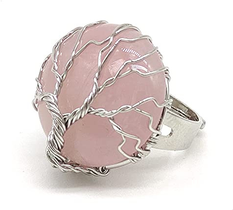 Anello Albero della vita regolabile con cabochon di Quarzo Rosa, fatto a mano, pietre dure naturali
