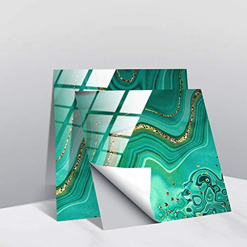 10 Stück Küchenrückwand Fliesenaufkleber, Hiser Marmor Mosaik Stil Wasserdicht Ölfest Stickerfliesen Marmor Deko Selbstklebende für Badezimmer Wohnzimmer Dekoration (Türkis,20x20cm)