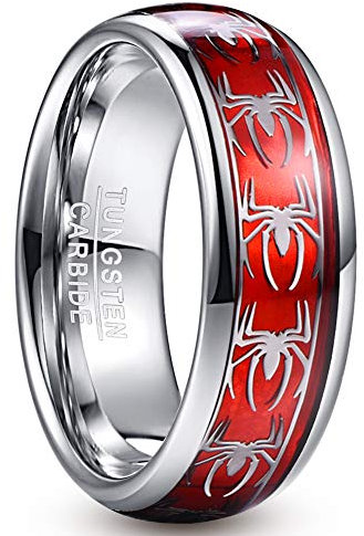 Corato Wolframcarbid Freundschaft Ring für Jungen Mädchen Rotes Opalpapier und Spinnenmuster Inlay 8mm Gewölbt Stil Größe 62(19.7)