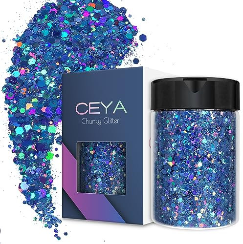 Ceya Holographischer grober Glitzer, 120 g, blaues Bastelpulver, gemischte dicke und feine Flocken, schillernde Nagelpailletten für Nagelkunst, Haare, Epoxidharz, Becher, Festival-Dekoration