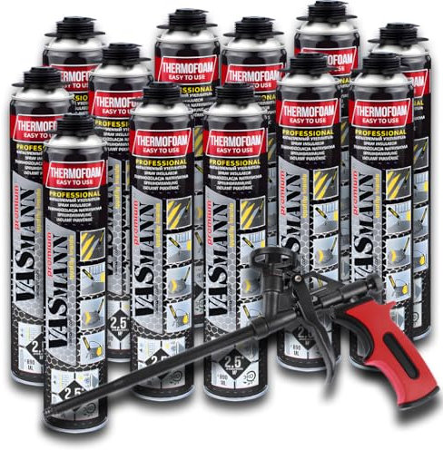 VASmann Mousse Polyuréthane Projetée 12x890ml Isolante Thermique Intérieur/Extérieur (12 (30m2) + Pistolet)