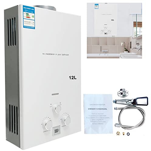 12L Stainless Steel Tankless Boiler LPG Portable Hot Water Heater - 24KW, LED Display, White, Perfect for Home, Apartment, Camping, Outdoor, Garden