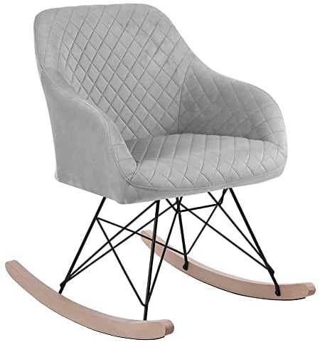 BAKAJI Schaukelstuhl Relax Haus Bezug aus Stoff Struktur Holz gepolstert Füße aus Metall Schaukelfuß Holz Größe 75 x 58 x 80 cm Design Skandinavischer Schlitten (Grau)