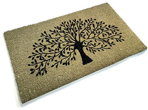 Black Ginger Large, Thick, Decorative, Patterned Coir Door Mats with Nature Designs (Green Tree)