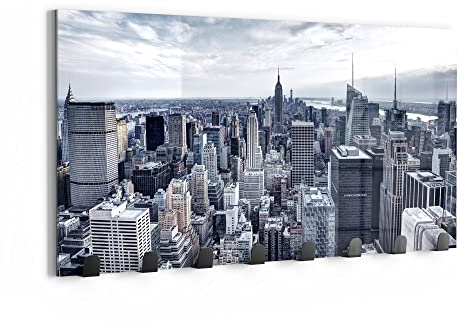 DEQORI Wandgarderobe Glas & Metall | Motiv Blaue Skyline New York | 60x30 cm | Design Haken-Leiste modern | Garderoben-Paneel für Flur, Wohnzimmer & Schlafzimmer | magnetisch & beschreibbar