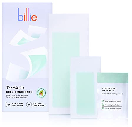 Billie Wax Kit - Body & Underarm - Easy & Convenient - No Heat - Made With Aloe & Avocado Oil - Vegan Soft-Gel - 36 wax strips - 6 post-wax serum wipes