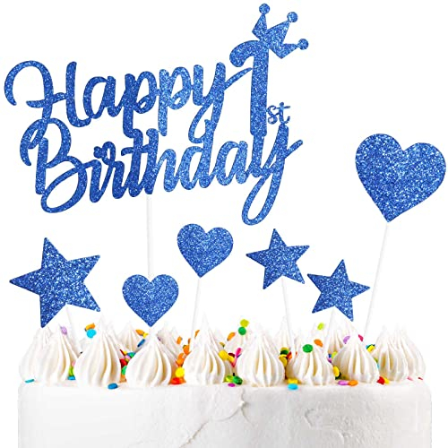 Yiran 7Stück Happy 1st Birthday Cake Topper Kuchendeko Dekoration. Doppelseitig Geburtstag Jungen und Mädchen Blau Tortendeko 1 Geburtstag Mit Herz Stern Glitter Cake Topper für 1 Geburtstag