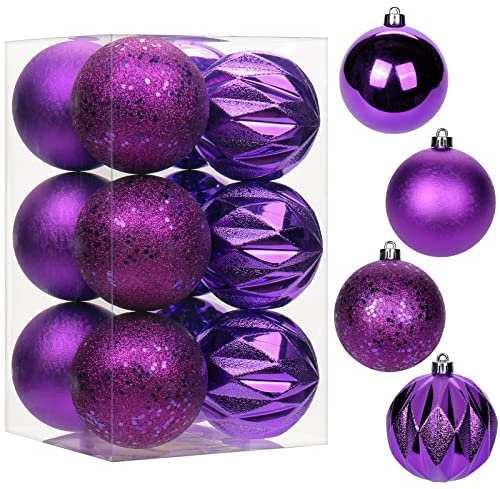 12 Stück Weihnachtskugeln, Weihnachtskugel-Ornamente mit Schnüren, 80 mm, lila, bruchsicherer Kunststoff, hängende Dekorationen, Weihnachtsbaum-Anhänger für Zuhause, Party, Hochzeit, Urlaub