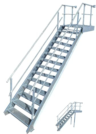Podesttreppe / 13 Stufen + Podest Stahltreppe mit beids. Geländer/Stufenbreite 100cm / Geschosshöhe 210-280cm