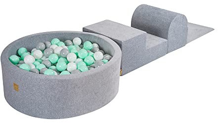 MEOWBABY Piscine à Balle avec Parcours de Motricité pour Bébé avec 200 Balles - Parcours Motricité Enfant et Bébé en Velours - Aire de Jeu Modulable pour Enfants, Gris Clair