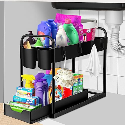 Wholede 2 Etagen Unter Waschbecken Regal, Küchen Organizer mit 4 Haken und 2 Tasse Gewürzregal Spülbecken Organizer Küchenregal Schrank Küchenhelfer mit Arbeitsplatte, aus Kunststoff
