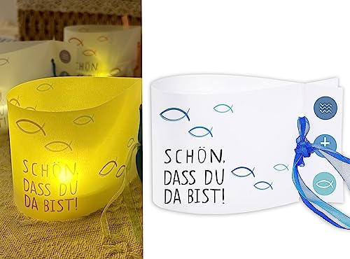 Sugeru Windlicht Fisch Deko | 16 Stück Mini Tischlichter Kerzen Deko als Tischdeko für Junge und Mädchen | Kommunion Konfirmation Taufe Teelichter I Schön DASS du da bist I ca. 12,0 x 8,0 cm (Blau)