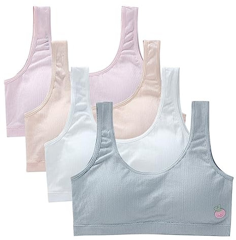 4 Pcs Teen Girls Padded Sports Bra No Wires Crop Top Soft Underwear Seamless Training Bras for Age 8-12 Years