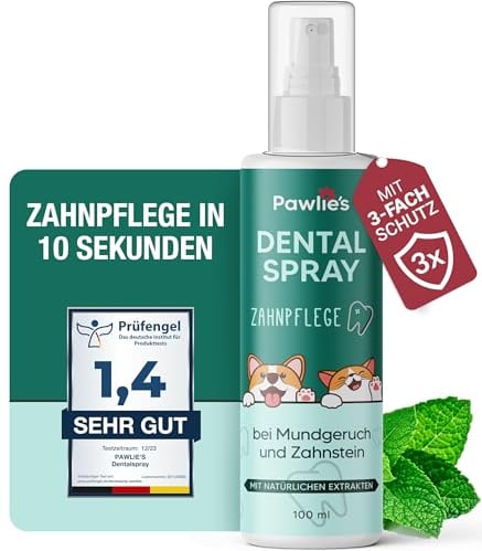 Pawlie's Dentalspray für Hunde - Zahnsteinentferner Hund, Zahnpflege gegen Mundgeruch, Zahnstein, Plaque | Anti-Zahnstein Spray | Zuckerfrei + Vegan + Natürlich | Zahnspray für gesunde Maulhygiene