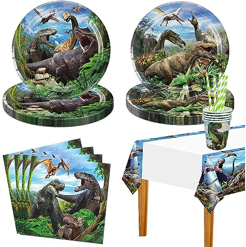 Set de Décorations de Fête Dinosaure, Dinosaure Assiette Anniversaire, Dinosaure Anniversaire Vaisselle, Pour Fournitures de fête d'anniversaire Enfant Baby Shower (Bleu)