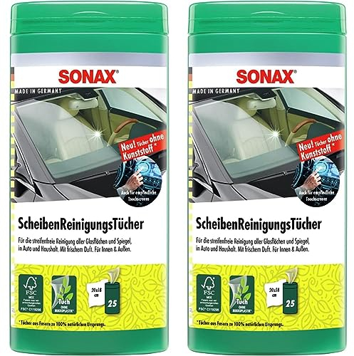 SONAX ScheibenReinigungsTücher Box (25 Stück) zur schnellen, einfachen und streifenfreien Reinigung von Allen Glas- und Spiegelflächen | Art-Nr. 04120000 (Packung mit 2)