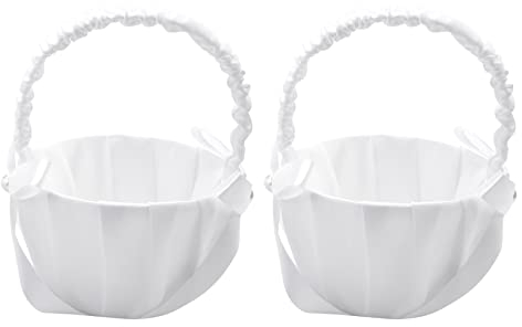 Kopinma 2 Pack Satin Blumenmädchen Korb, Elegant Verziert mit Schleifen und Perlen, Blumenmädchen Blumendeko Basket Blumenkorb Hochzeit