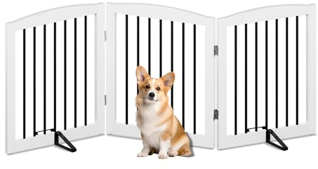 HOLTICO Absperrgitter Hund,Hundegitter für Wohnung ohne Bohren aus Metal Holz,Freistehendes Hundeabsperrgitter Türgitter Treppengitter Schutzgitter Hund Faltbar Weiß,3 Paneelen Türschutzgitter