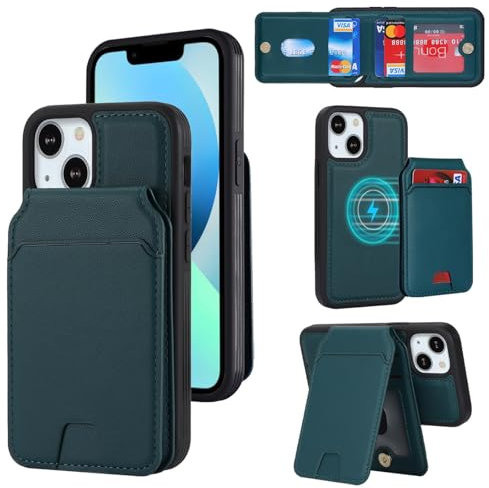 Zouzt iPhone 13 Mini Wallet Case Compatible with MagSafe, iPhone 13 Mini Card Holder Case 13Mini Case with Card Slot iPhone13 Mini Magnetic Car Kickstand Phone Cover for Men Women 5.4 - Green