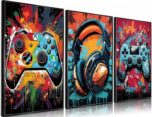 NBYARTQ 3Pcs Cool Gaming Wall Art Retro Video Game watercolor Posters Pictures Colorful Neon Gamepad Canvas Painting Prints for Boys Room Kids Bedroom Home Decoration 12x16in Unframed