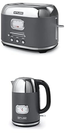 Muse Wasserkocher und Toaster Set, 2er Frühstücks-Set mit Retro Wasserkocher und 2 Scheiben Toaster mit analoger Anzeige, Grau und Edelstahl