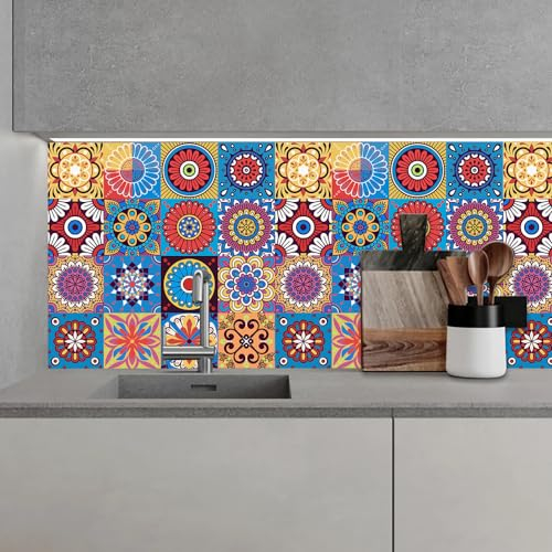 Fliesenaufkleber Rotes Mandala Küchenrückwand,Wasserdicht Ölfest Klebefliesen Küche Fliesenaufkleber Bad,Fliesenfolie 3D Wandpaneele Selbstklebend 16 PC(10x10cm)