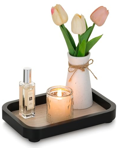 Hanobe Bathroom Vanity Decorative Tray: Black Perfume Tray Decor Wood Riser Display Stand for Dresser Counter Home Decor Small 24cm
