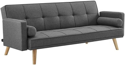 Home Detail Sofa Bed with Click Clack Function - 3 Seater Double Folding Guest Bed Settee with Bolster Cushions in Grey, Charcoal or Mustard Upholstered Fabric (Charcoal)