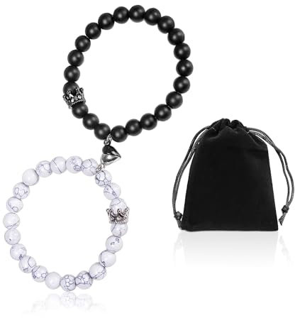 1 Paar Kronen-Paar-Armbänder + 1 Aufbewahrungstasche, Schwarz-Weißes Magnetisches Liebesarmband, Naturstein-Perlenarmband, Geeignet Als Paargeschenk Für Jungen Und Mädchen