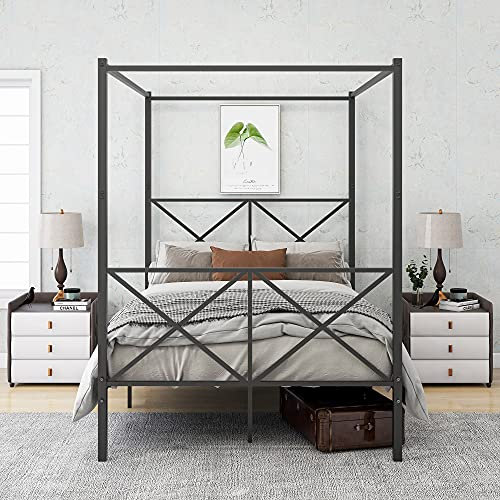 JELUTE Marco de cama con dosel de tamaño doble con cabecera y estribo de metal, estilo moderno, plataforma de cama de acero resistente, color negro