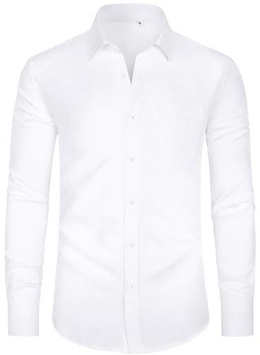 J.VER Men's White Long Sleeve Shirts 4-Way Stretch Wrinkle Free Formal Dress Shirt Business Casual Wedding Work Button Down Shirts with Pocket S