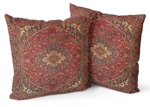 Snylcce Boho Wurfkissenbezüge 2er Set Maroon Antik & Vintage Design, Doppelseitiges Muster 40x40 cm Weiche Kissenbezüge für Garten Couch, Sofa, Bett - Dekorative 16x16 Zoll Kissenbezüge