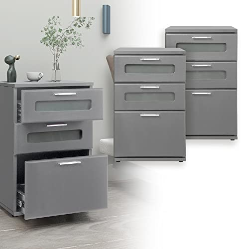 ML-Design Nachttisch 2er Set, Nachtkommode mit 3 Schubladen, oberste mit Glaseinsatz, Grau, 40x60x38 cm, aus Holz, Boxspringbett Nachtschrank Nachtkonsole Kommode, für Bett, Schlafzimmer oder Büro