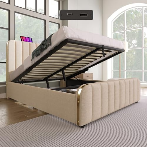 SUKY Polsterbett Doppeltes, USB Typ-C Ladefunktion, gepolstertes Kopfteil mit goldenen Zierstreifen und, Leinen-Material Hydraulisches Lagerbett (Beige/Ohne Matratze, 140 * 200 cm)