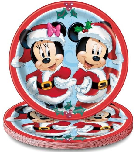 Unique Disney Red Mickey & Minnie Mouse Christmas Round Paper Dinner Plates - 9 (Pack of 8) - Adorable Character Design, Perfect for Holiday Meals, Festive Gatherings, and Disney-Themed Celebrations